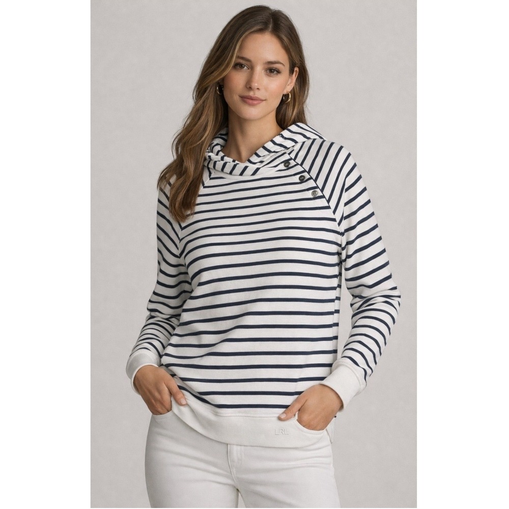 Ralph Lauren Black Label Striped Hoodie Sweatshirt White Nautical Silver Buttons